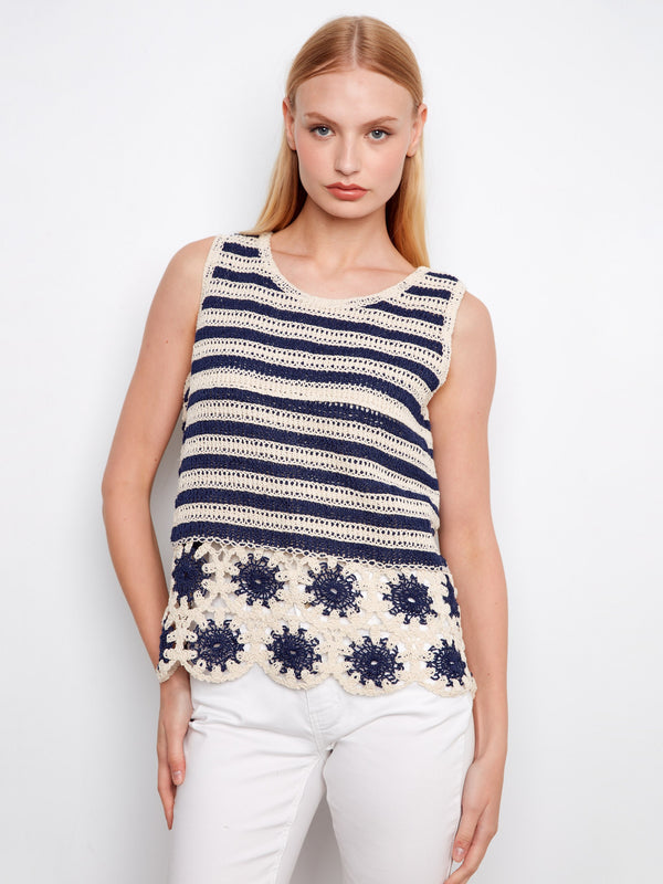 Striped Sleeveless Crochet Top With Floral Hem - Navy