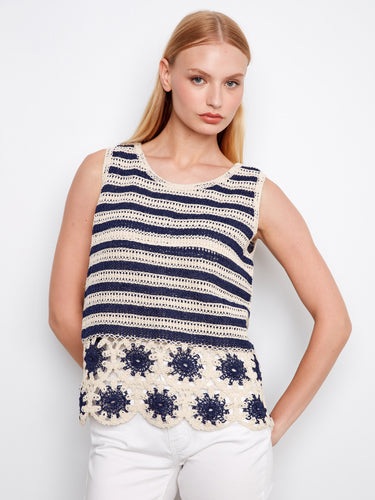 Charming navy striped crochet top with distinctive floral detailing at the hemline, perfect for summer vibes by Charlie B.