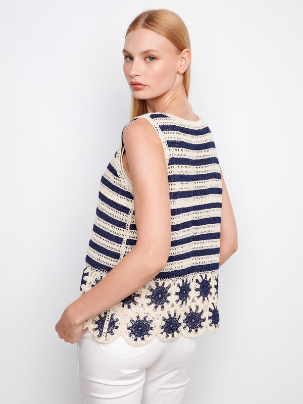 Striped Sleeveless Crochet Top With Floral Hem - Navy