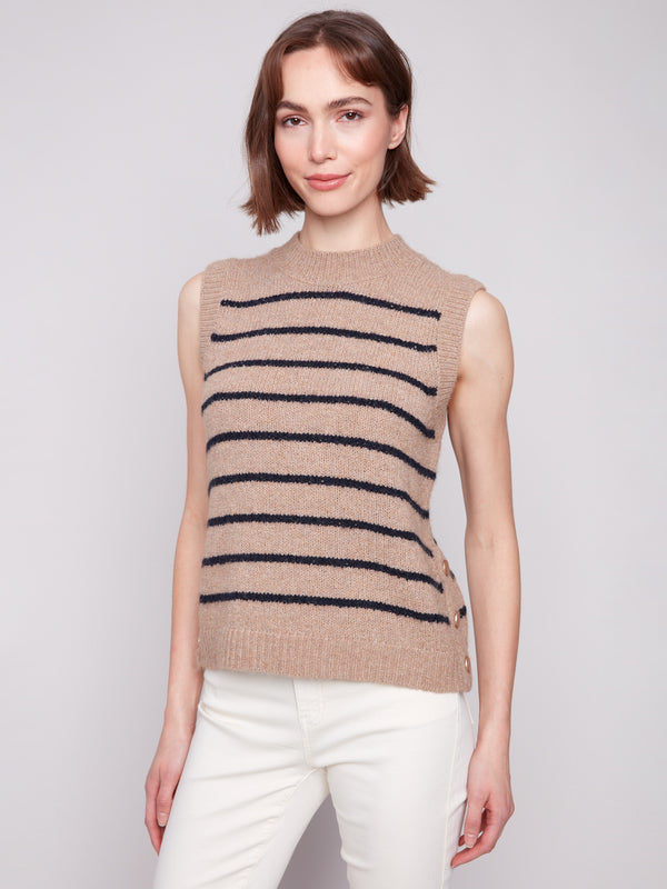 Heather camel sweater vest featuring a crew neck and stylish stripes, perfect for layering by Charlie B.