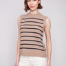 Heather camel sweater vest featuring a crew neck and stylish stripes, perfect for layering by Charlie B.