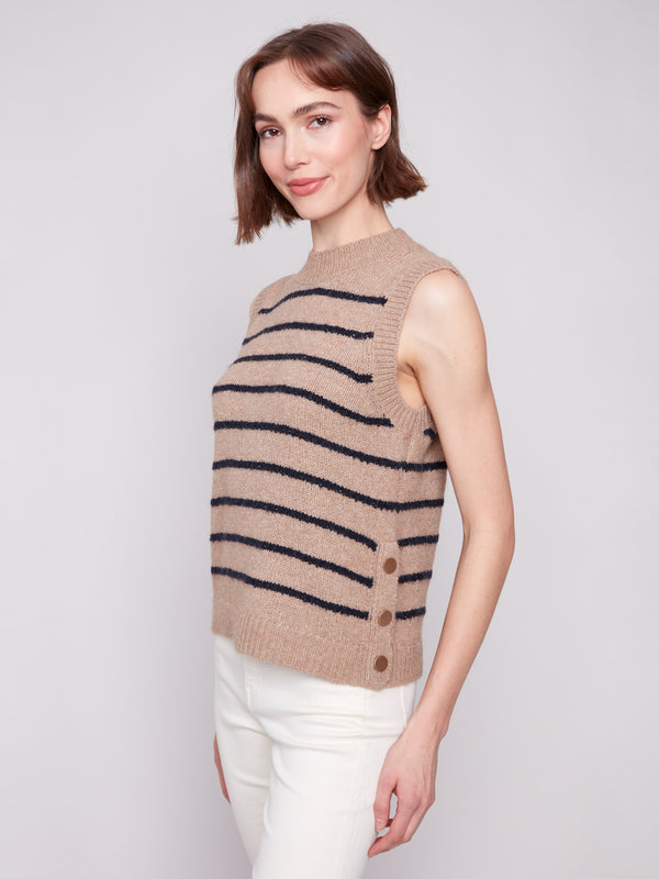 Chic sleeveless camel sweater vest with subtle stripe accents and snap button details by Charlie B.