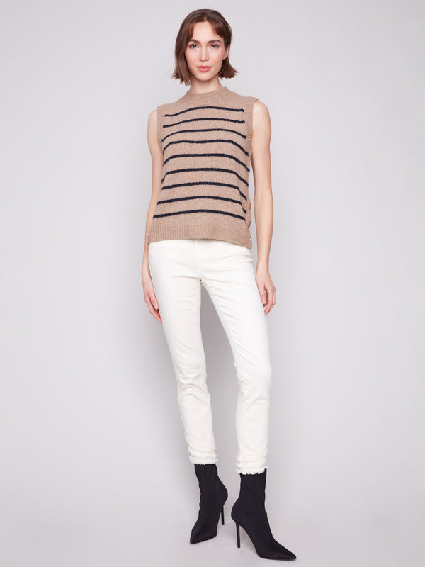 Elegant camel sweater vest with a cozy sleeveless design and classic stripes for versatile styling by Charlie B.