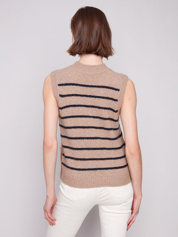 Stylish heather camel striped sweater vest with eye-catching snap button details on the side by Charlie B.