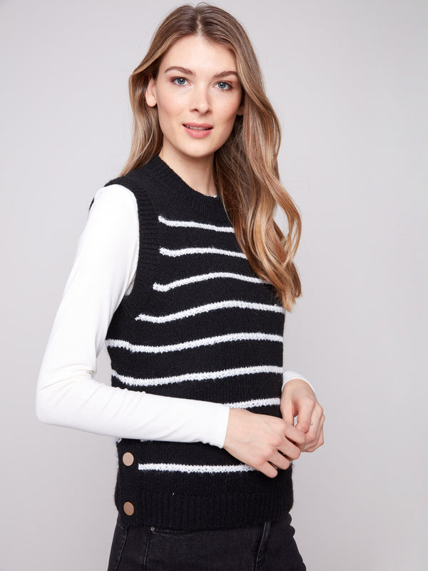 Elegant black vest with white horizontal stripes and eye-catching snap button details on the sides by Charlie B.