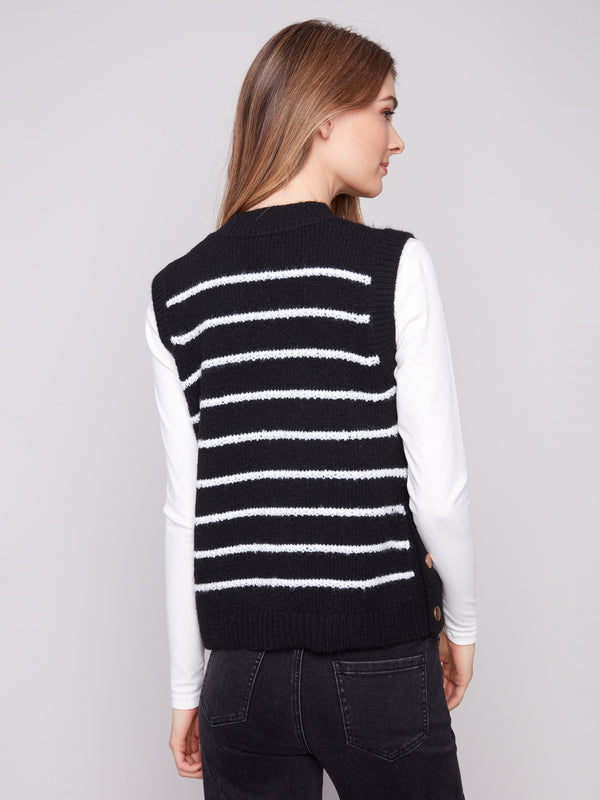 Chic black sweater vest adorned with crisp white stripes, offering versatile styling options for any wardrobe by Charlie B.