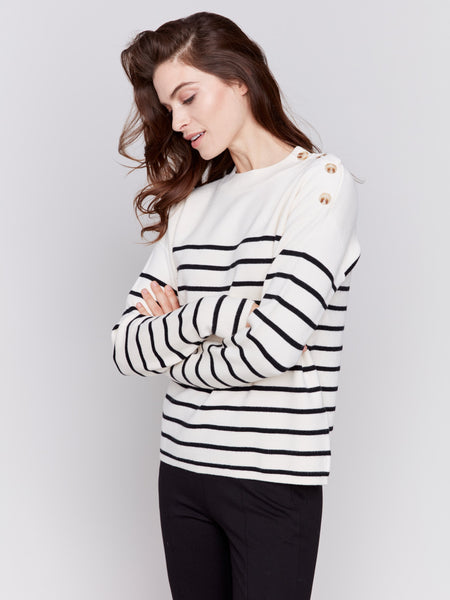 Charlie B Stripe Shoulder Button Crew Neck Sweater ECRU XL