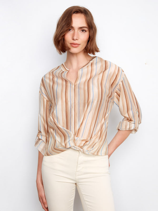 Striped Tencel Blouse With Front Twist - Brownie