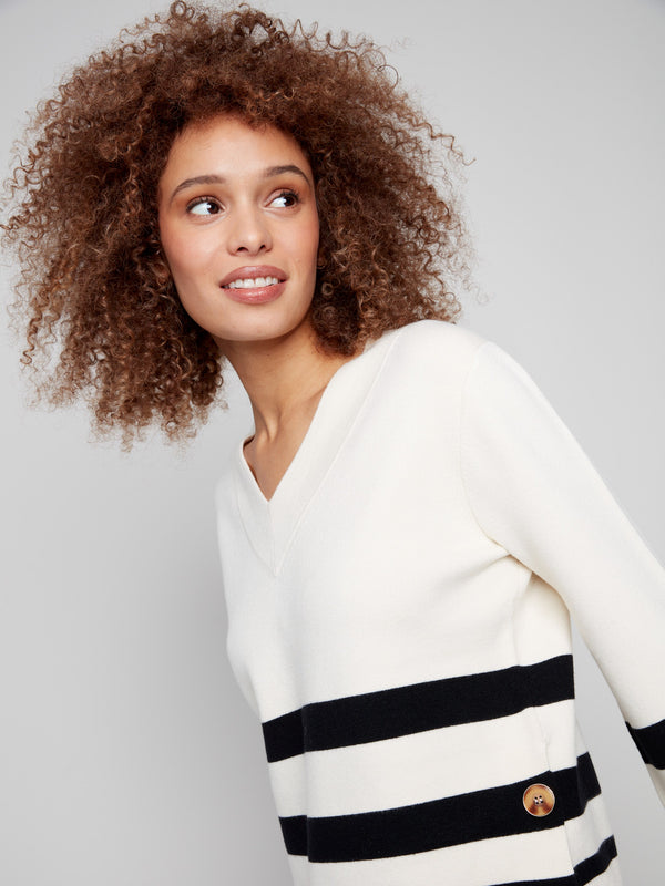 Striped Wide Cuff V-Neck Sweater With Side Buttons - Ecru