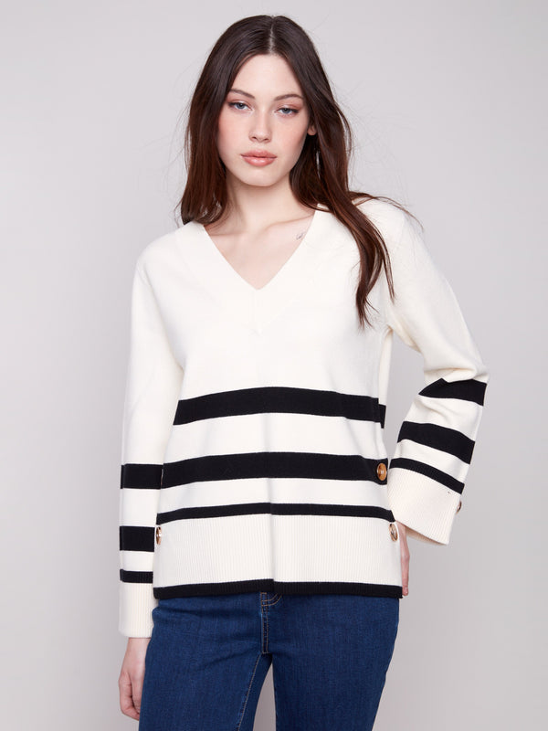 Striped Wide Cuff V-Neck Sweater With Side Buttons - Ecru