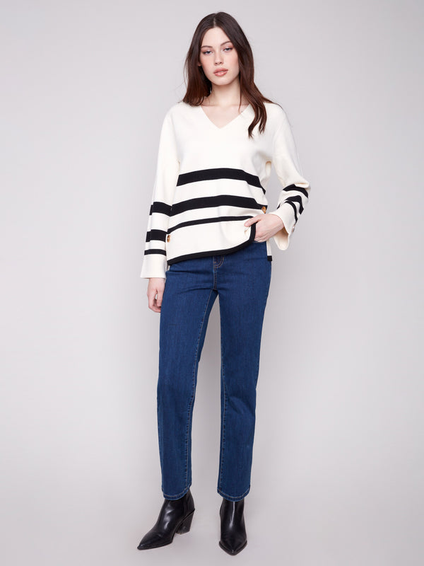 Striped Wide Cuff V-Neck Sweater With Side Buttons - Ecru