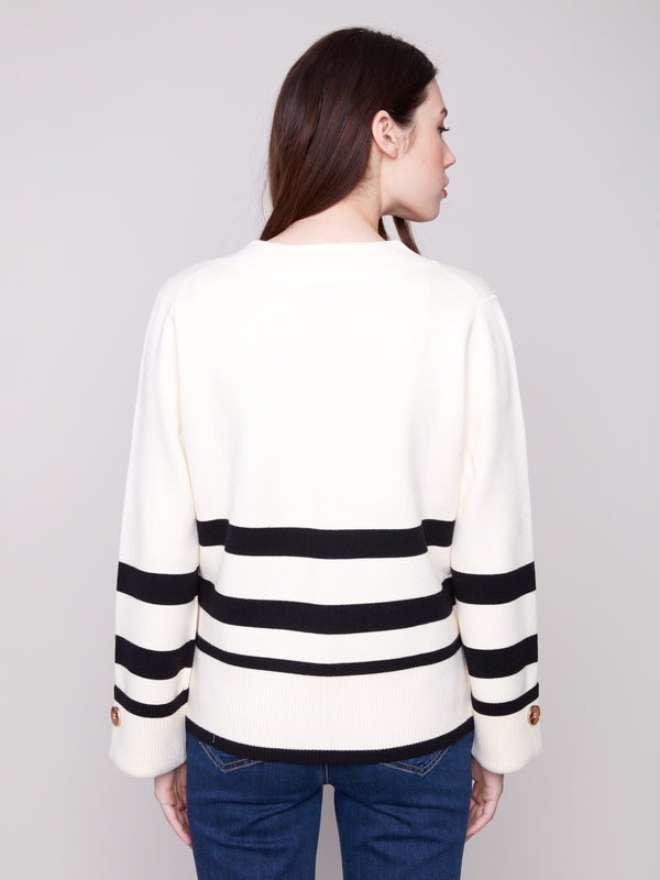 Striped Wide Cuff V-Neck Sweater With Side Buttons - Ecru