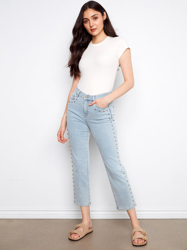 Studded Straight Leg Jeans - Light Blue