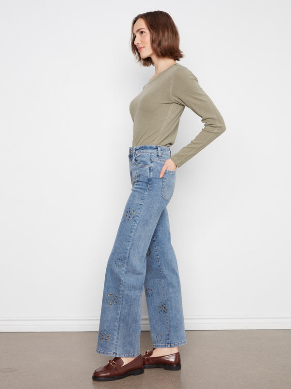 Studded Wide Leg Jeans - Medium Blue