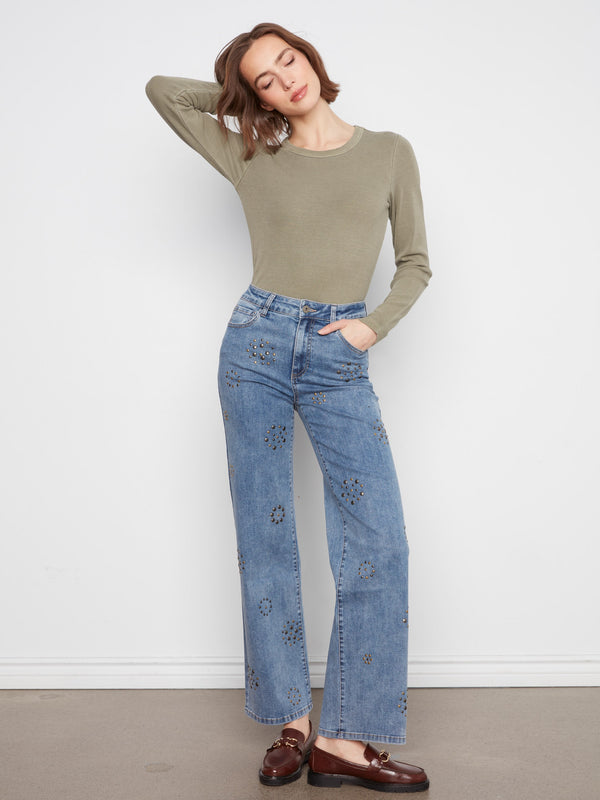 Studded Wide Leg Jeans - Medium Blue