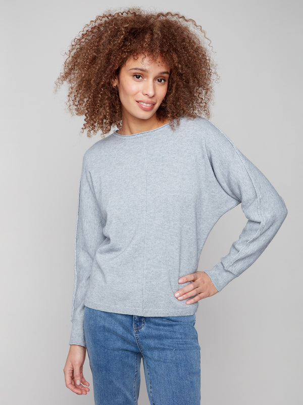 Heather grey sweater featuring dolman sleeves with a stylish design by Charlie B.