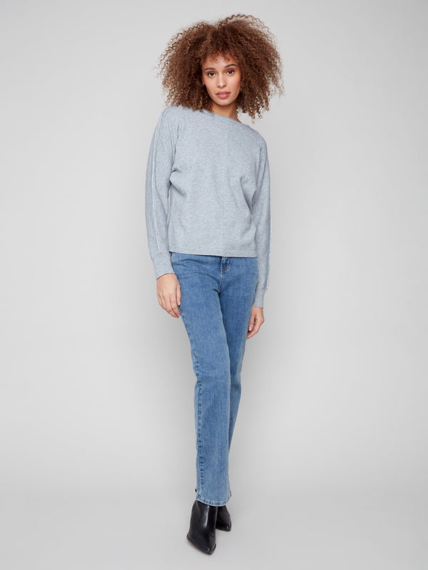 Chic heather grey sweater highlighted by subtle front seam detail by Charlie B.