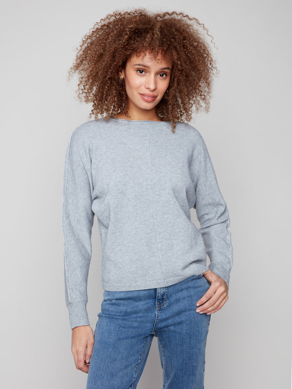 Stylish heather grey sweater complete with ribbed cuffs for added texture by Charlie B.