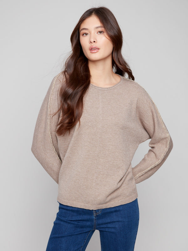 Heather taupe sweater featuring dolman sleeves and ribbed cuffs, perfect for a cozy look by Charlie B.