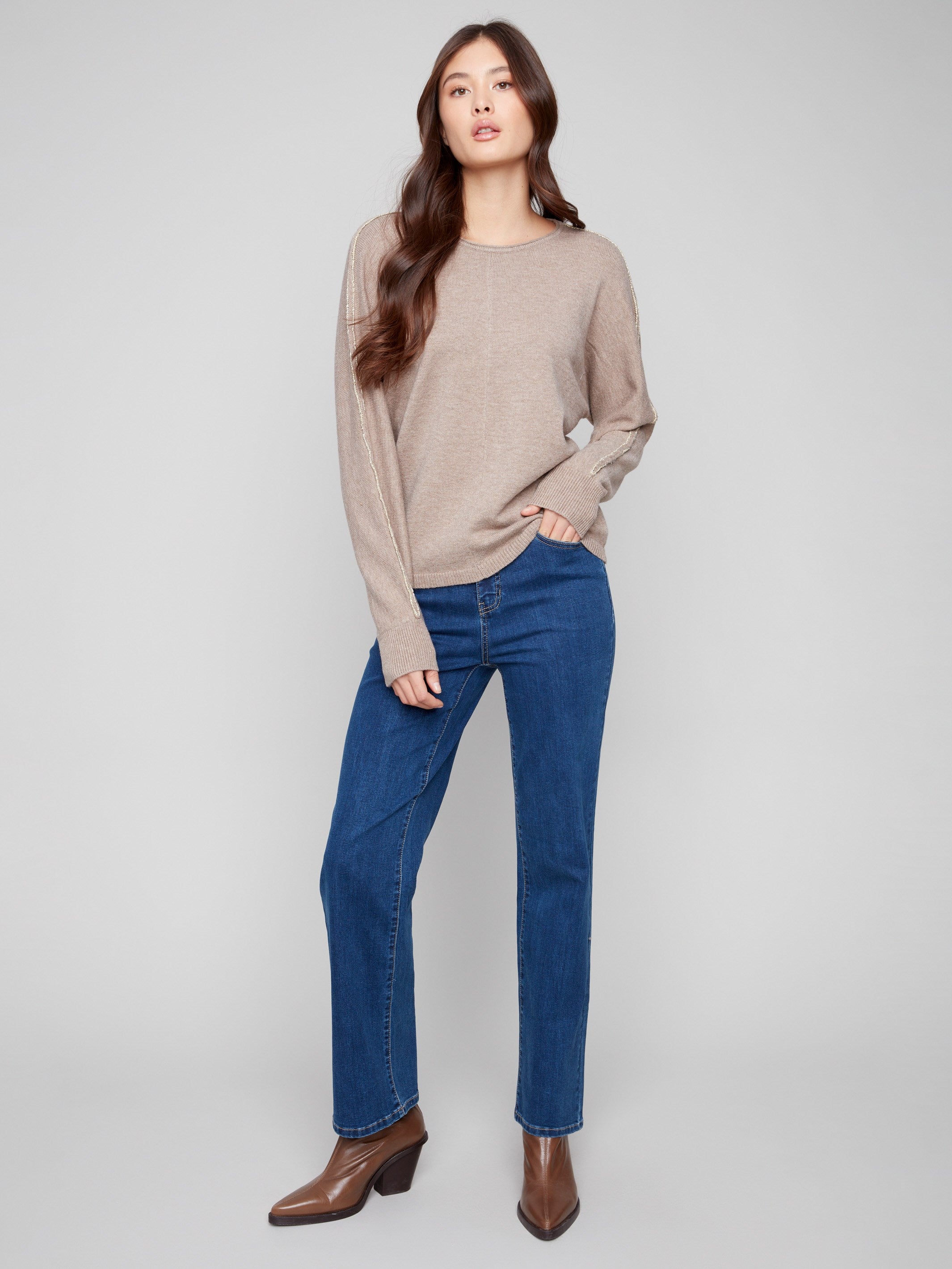 Stylish sweater in heather taupe with front seam detail, adding a touch of elegance by Charlie B.