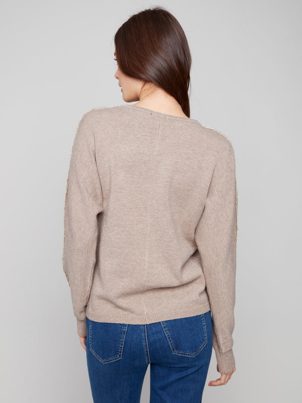Comfortable heather taupe sweater with ribbed cuffs, offering a snug fit and modern style by Charlie B.