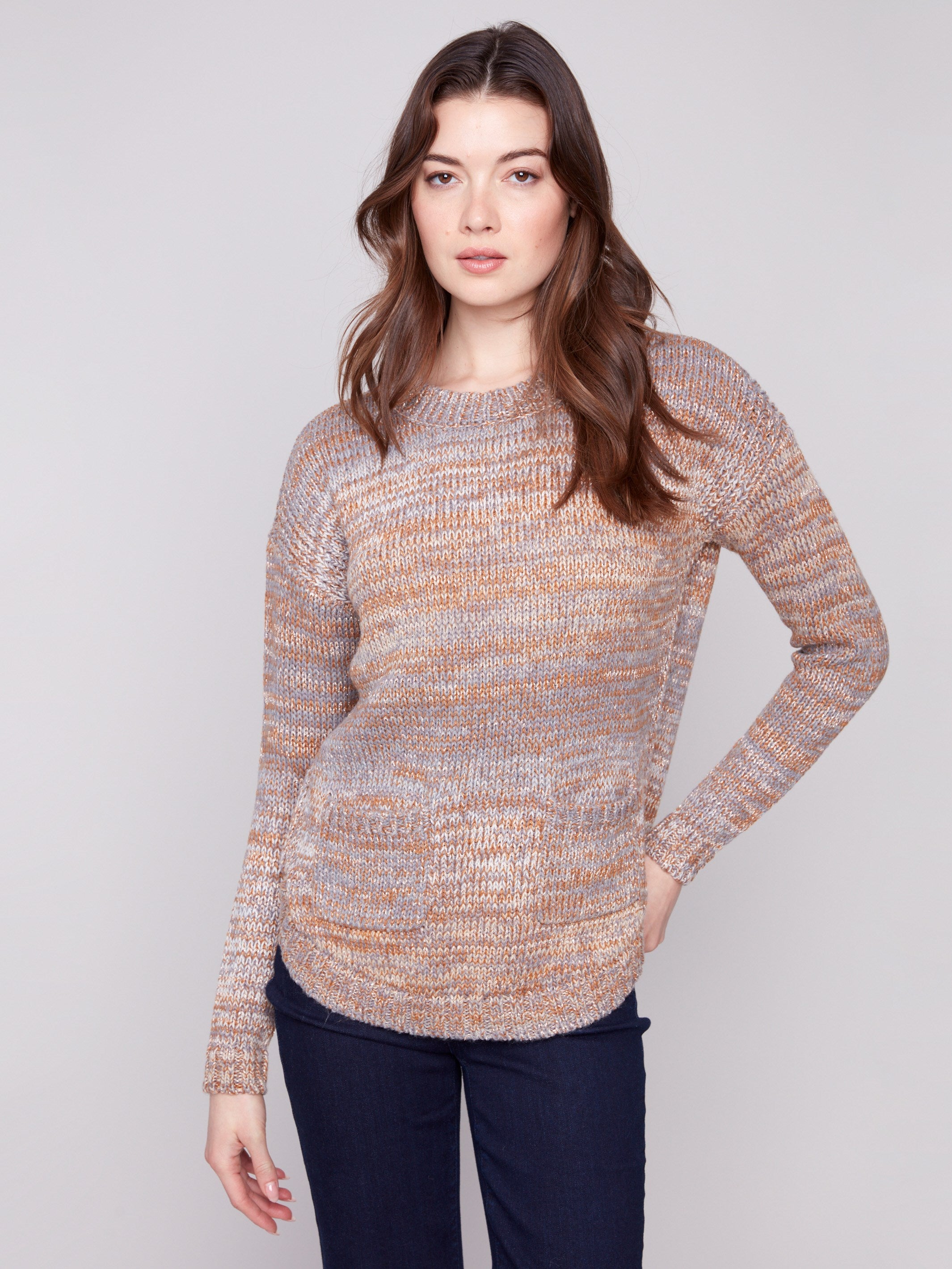Fog-colored sweater with a crew neckline and front pockets, adding a touch of casual elegance by Charlie B.