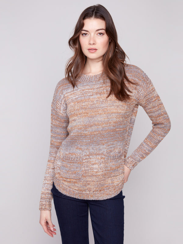 Fog-colored sweater with a crew neckline and front pockets, adding a touch of casual elegance by Charlie B.