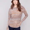 Fog-colored sweater with a crew neckline and front pockets, adding a touch of casual elegance by Charlie B.