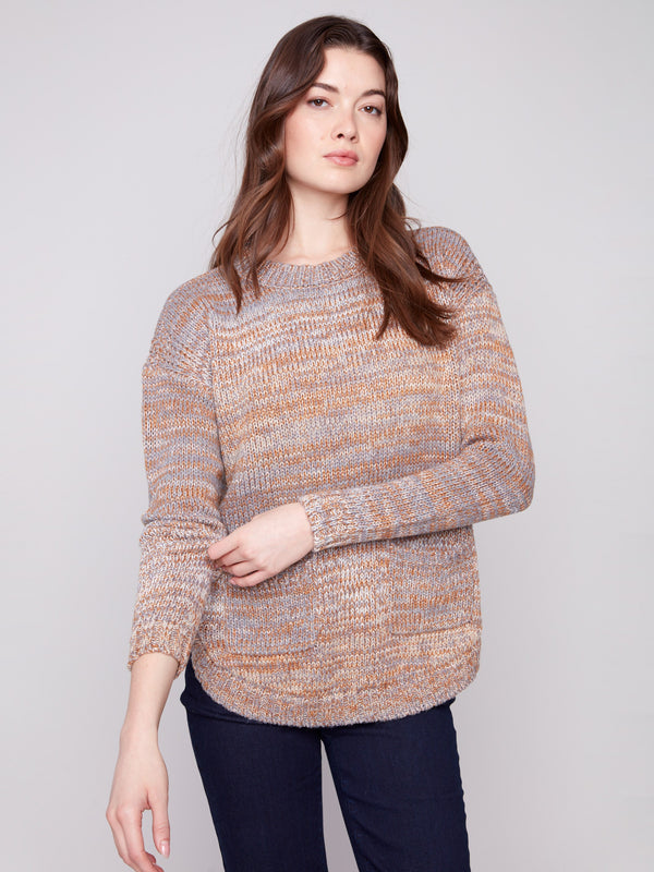 Cozy fog-colored sweater crafted with a crew neckline for timeless style and comfort by Charlie B.