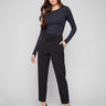 Black slim-leg techno pants featuring a relaxed fit and pull-on style, perfect for casual wear by Charlie B.