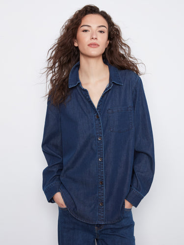 Indigo Tencel shirt with a relaxed fit, featuring button-front closure and a chest patch pocket by Charlie B.