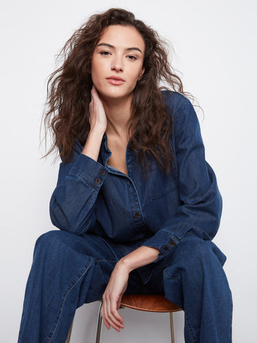Long-sleeved indigo Tencel shirt designed with a stylish chest patch pocket by Charlie B.