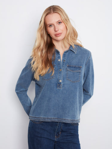 Featuring long sleeves, this denim top offers comfort and versatility in any season. Designed with quality stretch Tencel fabric by Charlie B.