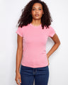 Pink ribbed texture t-shirt featuring a classic crew neck design, perfect for casual outings. By Charlie B.