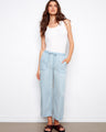 Light blue jogger pants feature a wide leg and cropped length, perfect for casual outings. Crafted from Tencel by Charlie B.