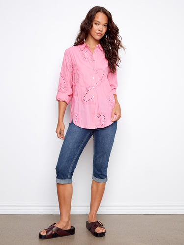 Pink shirt with a classic collar, showcasing elegant eyelet details on soft cotton by Charlie B.