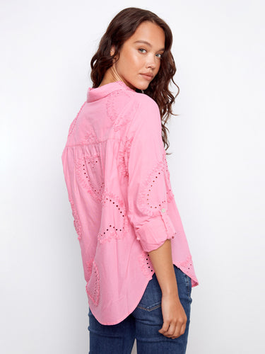 Stylish pink blouse crafted from textured cotton, complete with a button-down front by Charlie B.