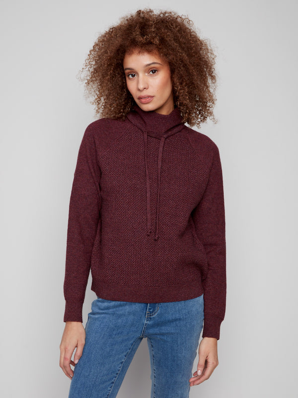 Cabernet knit sweater with a stylish cowl neck drawstring, perfect for cozy days by Charlie B.