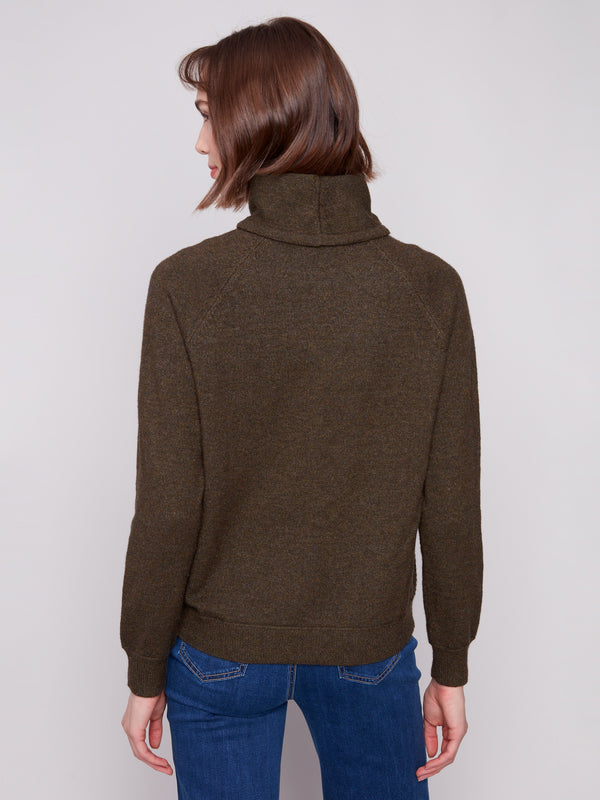 Classic design meets comfort in this heather spruce sweater with a versatile cowl neck by Charlie B.