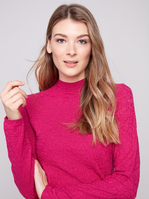 Textured Mock Neck Knit Sweater - Hibiscus