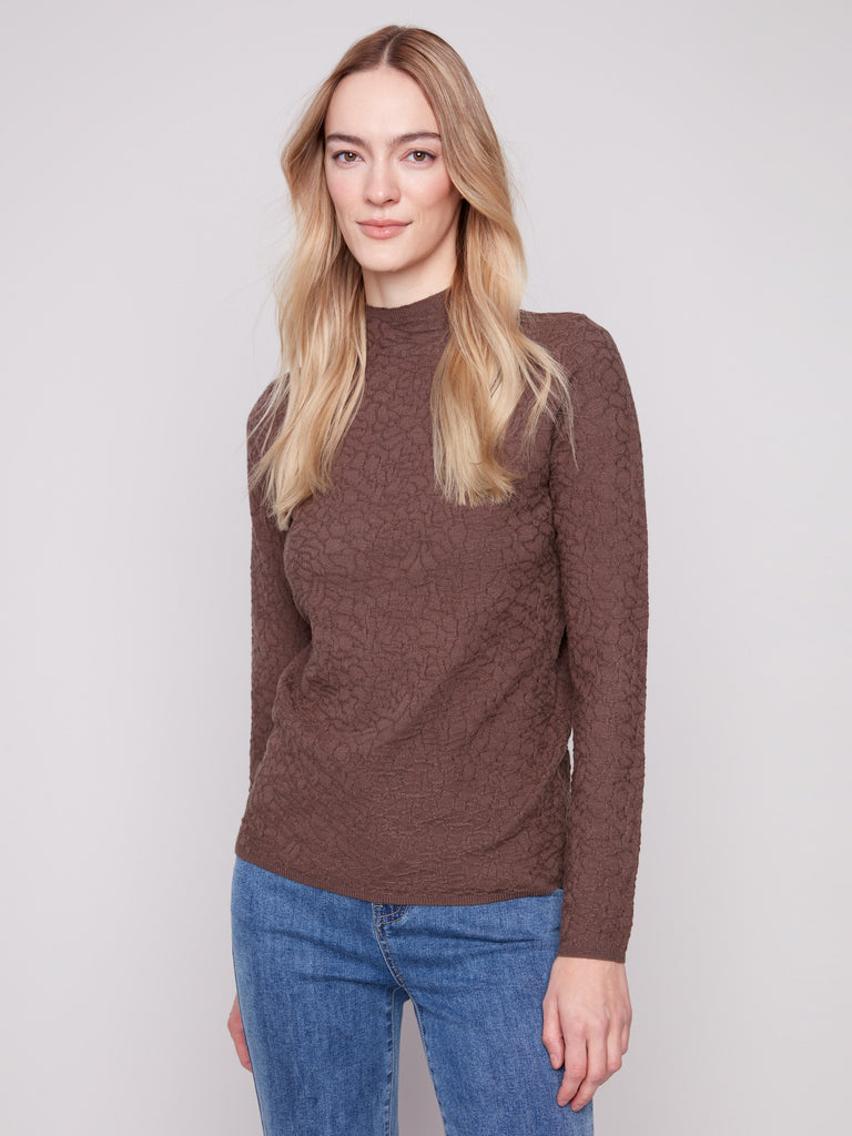 Textured Mock Neck Knit Sweater - Mocha