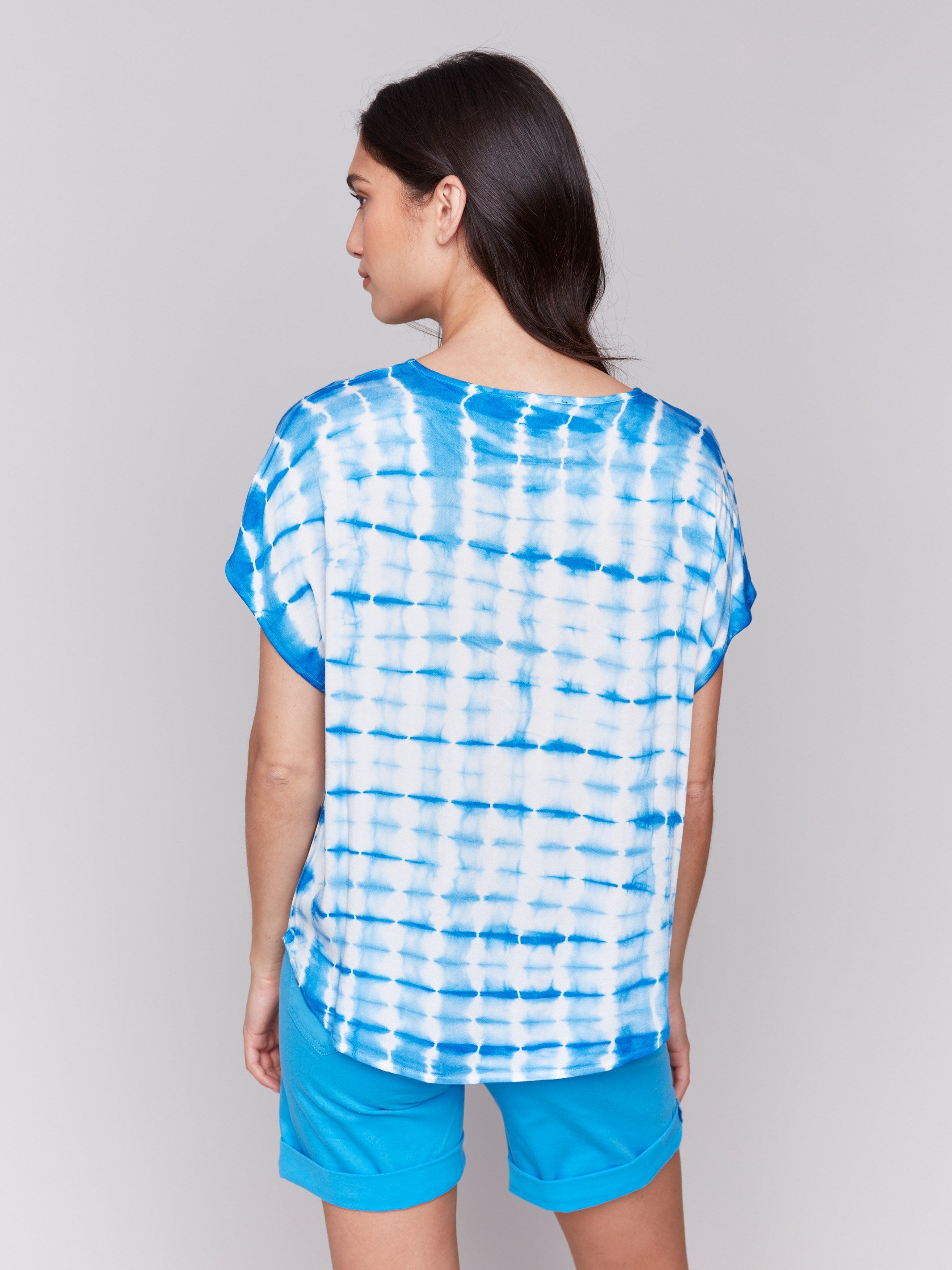 Relaxed fit azure top with distinctive short dolman sleeves by Charlie B.