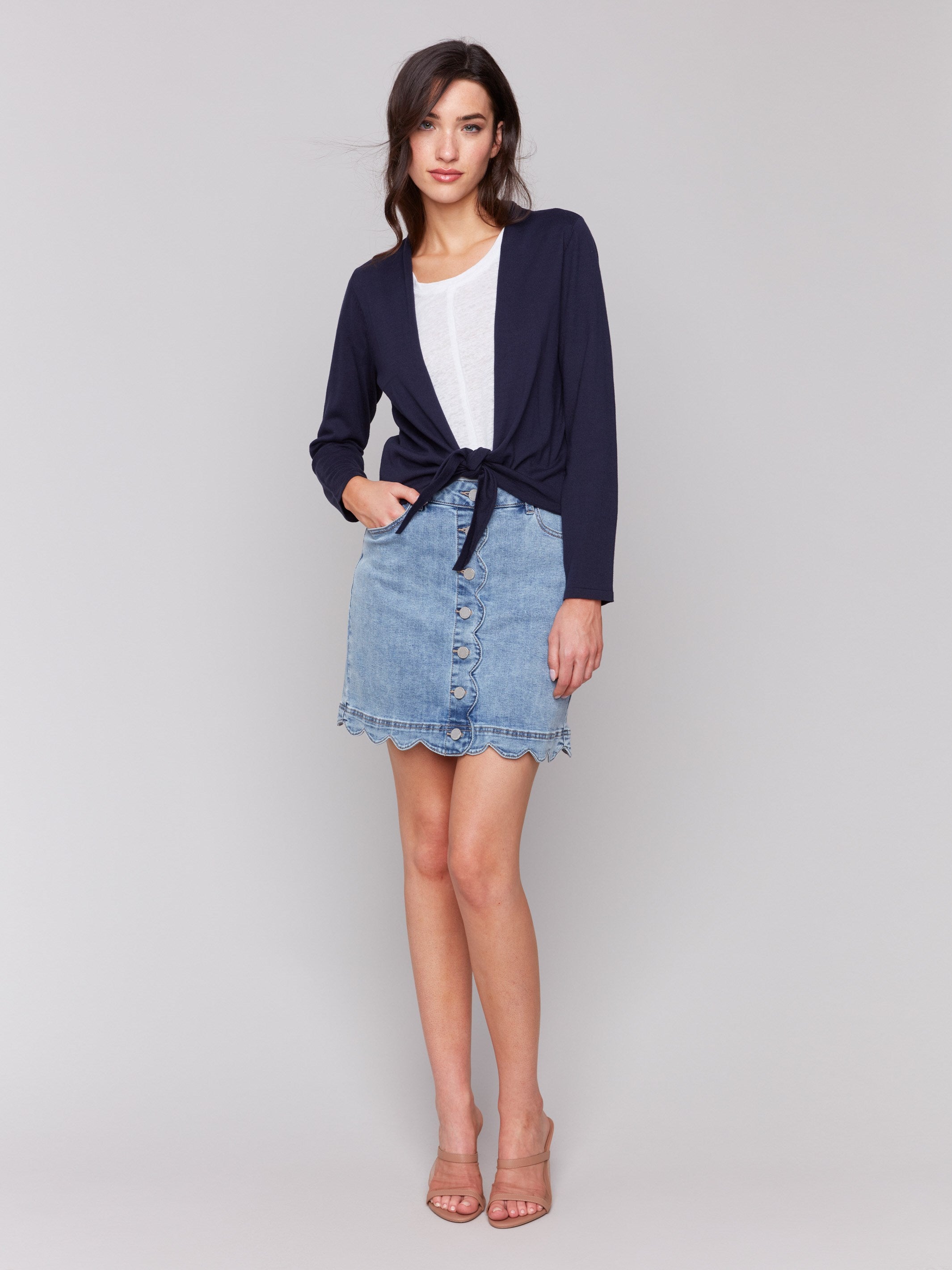 Navy bolero with elegant long sleeves by Charlie B.
