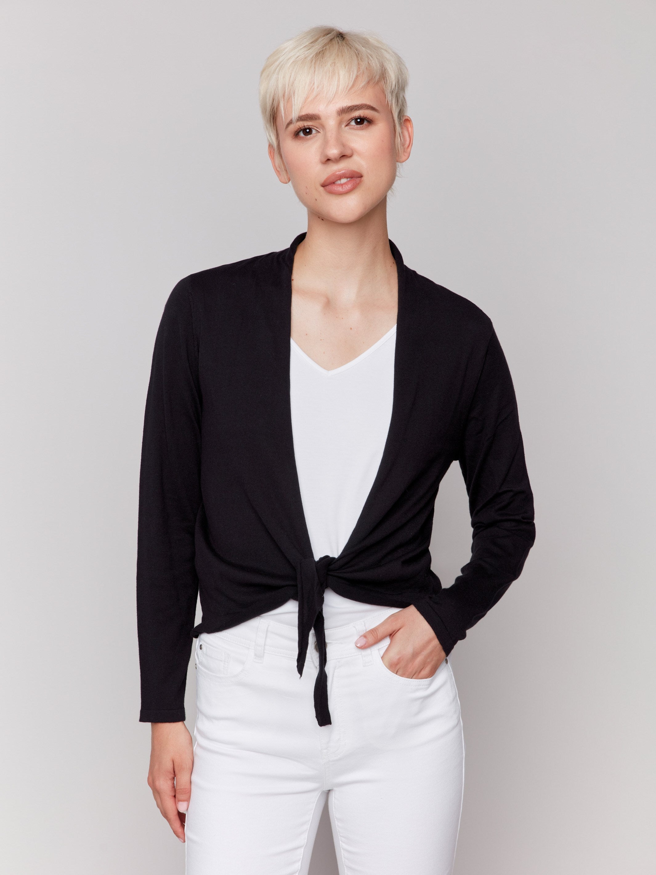 Elegant black bolero with shawl neckline by Charlie B.