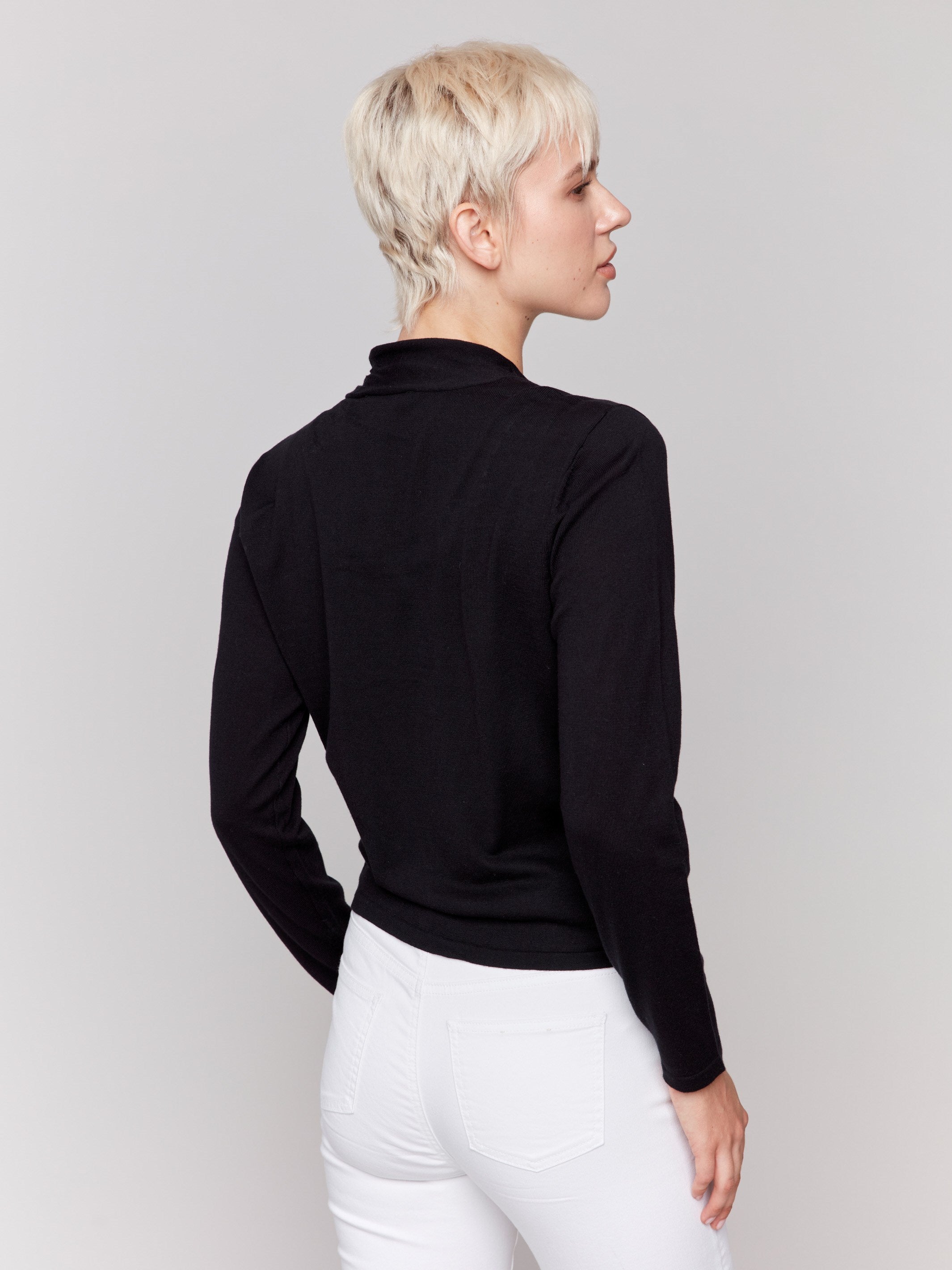 Chic tie front detail on a black bolero by Charlie B.
