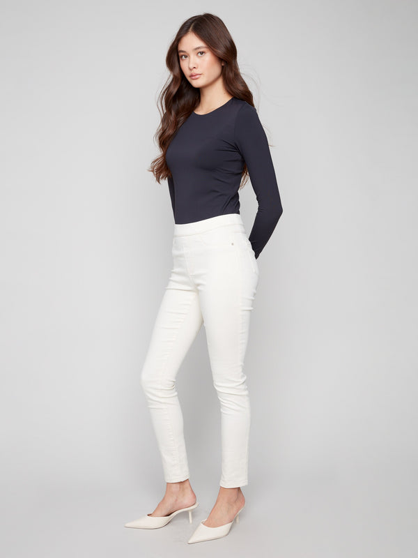 Effortless pull-on waistband design in these chic pants provides ultimate comfort by Charlie B.