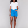 Coastal blue shorts with front & back patch pockets, crafted in stretch twill fabric by Charlie B.