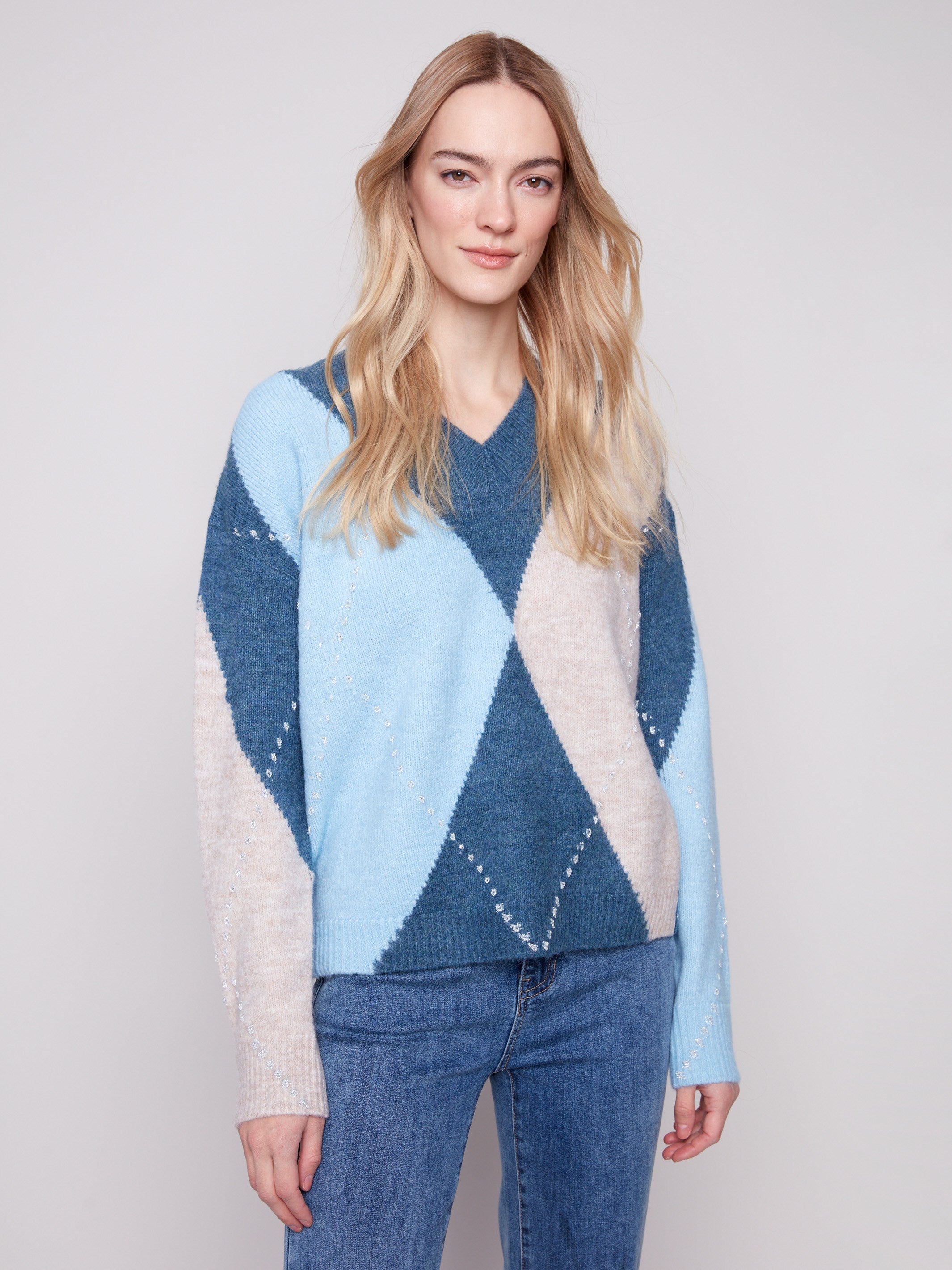 Heather Denim argyle sweater with a V-neck, showcasing an elegant long sleeve style by Charlie B.