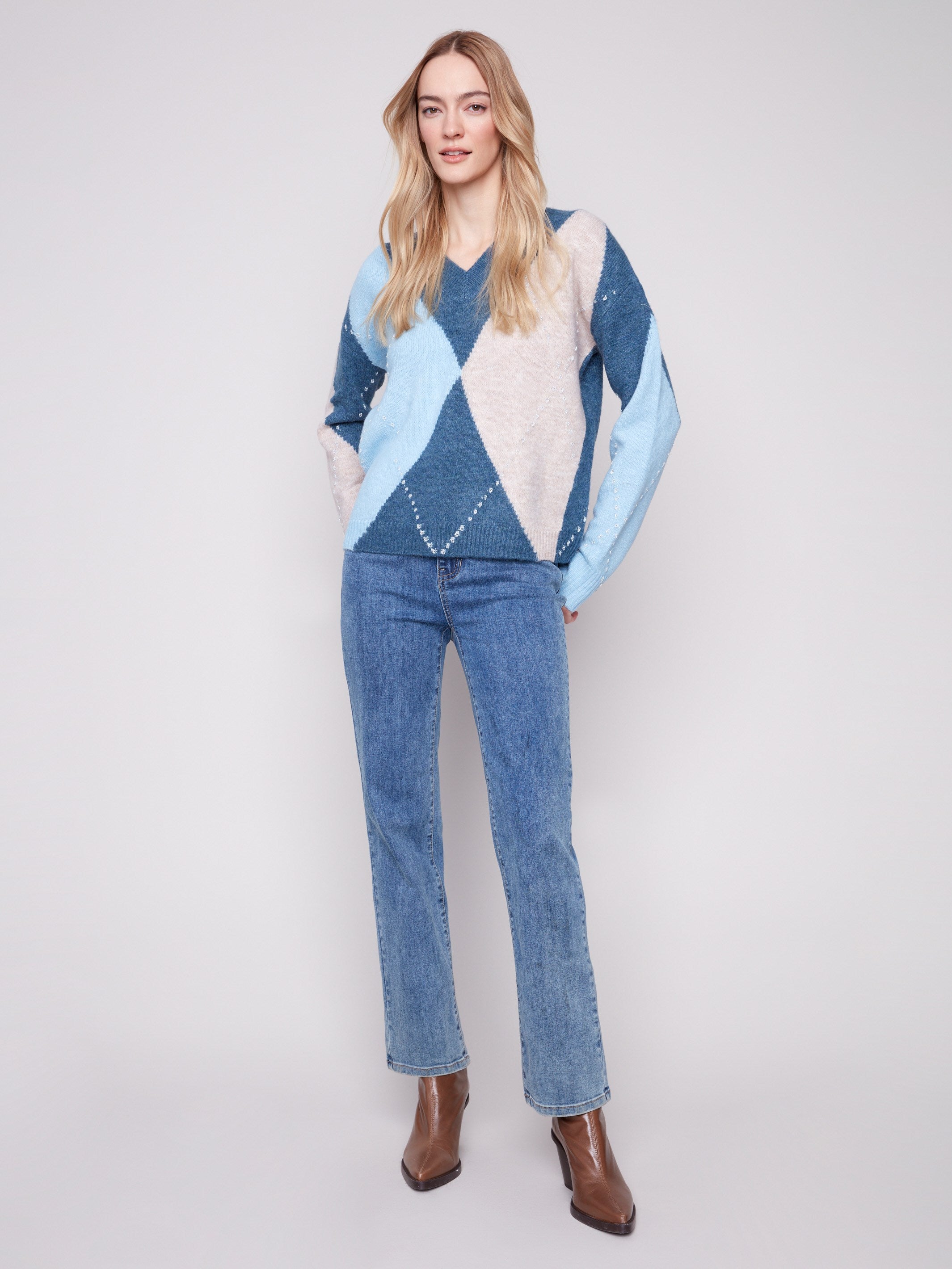 Stylish argyle sweater in Heather Denim with jacquard knit design, perfect for a cozy look by Charlie B.
