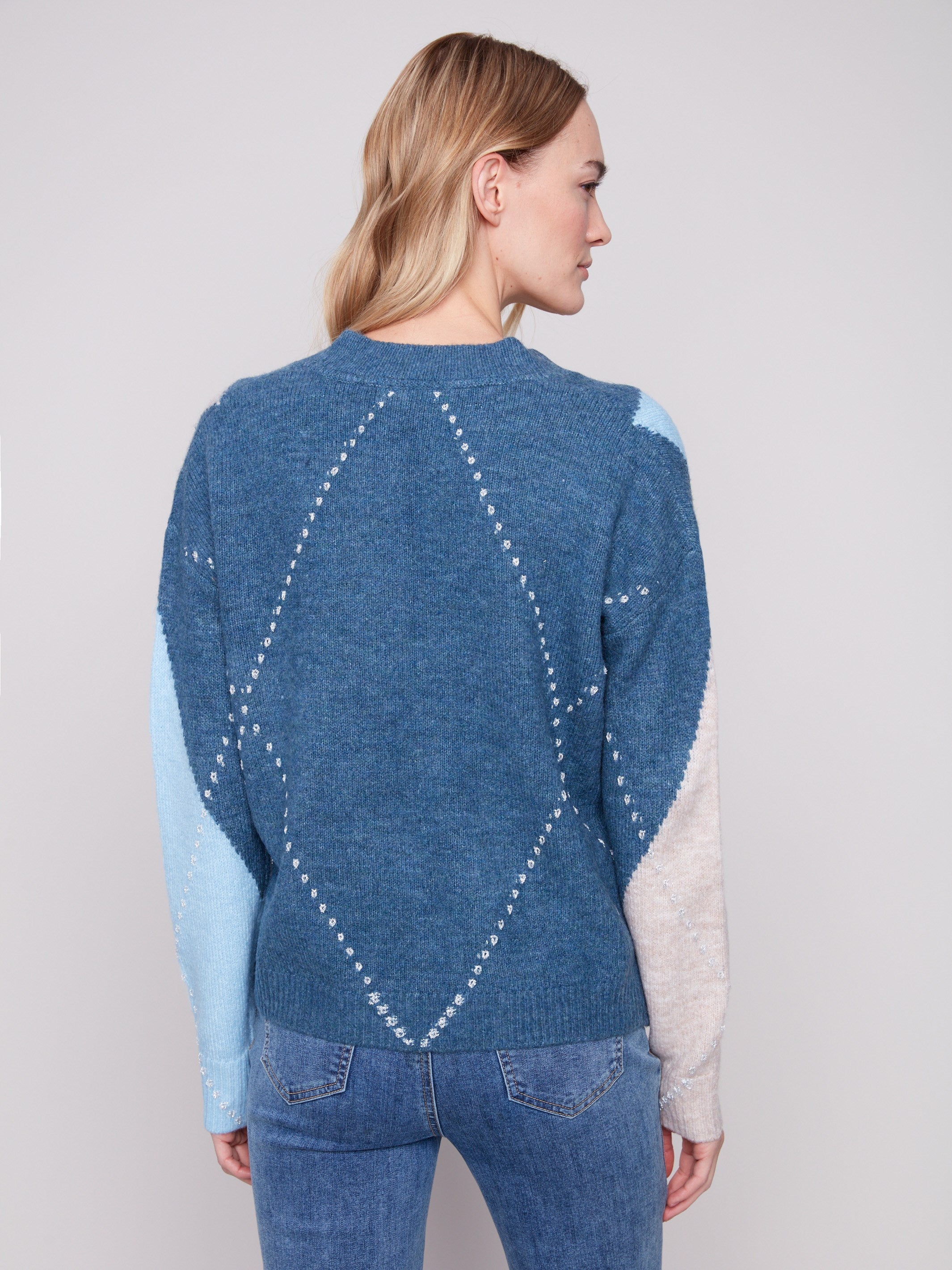 Chic Heather Denim sweater featuring long sleeves and an intricate argyle pattern by Charlie B.